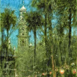 A crowded square and a tower